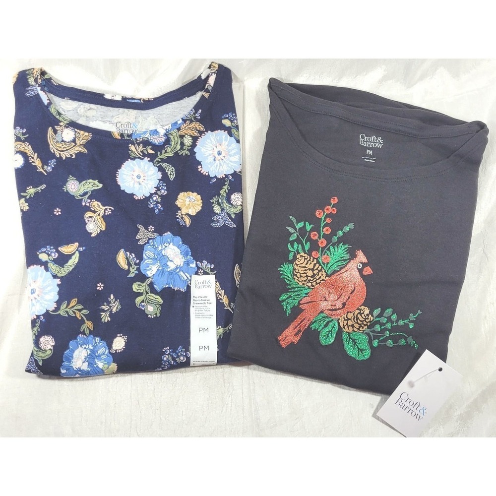 2 Croft & Barrow Women's Floral Short Sleeve & Red Cardinal Long Sleeve  - Sz PM